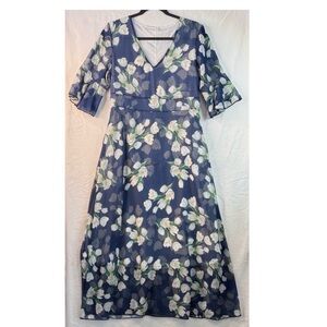 Floral V-Neck Midi Dress in Navy and White
